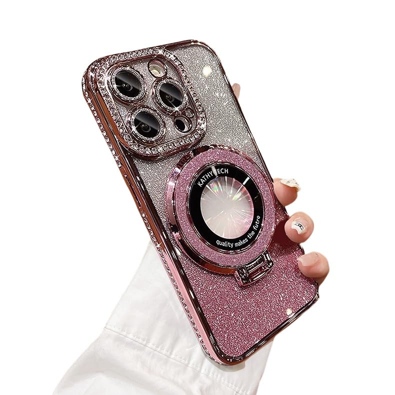 redecarie for iPhone 17 Pro Max Magnetic Kickstand Bling Case,Camera Lens Protector Luxury Electroplated Diamond Glitter Women Girls Kids Soft TPU Cover Case for iPhone 17 Pro Max 6.9 inch,Pink