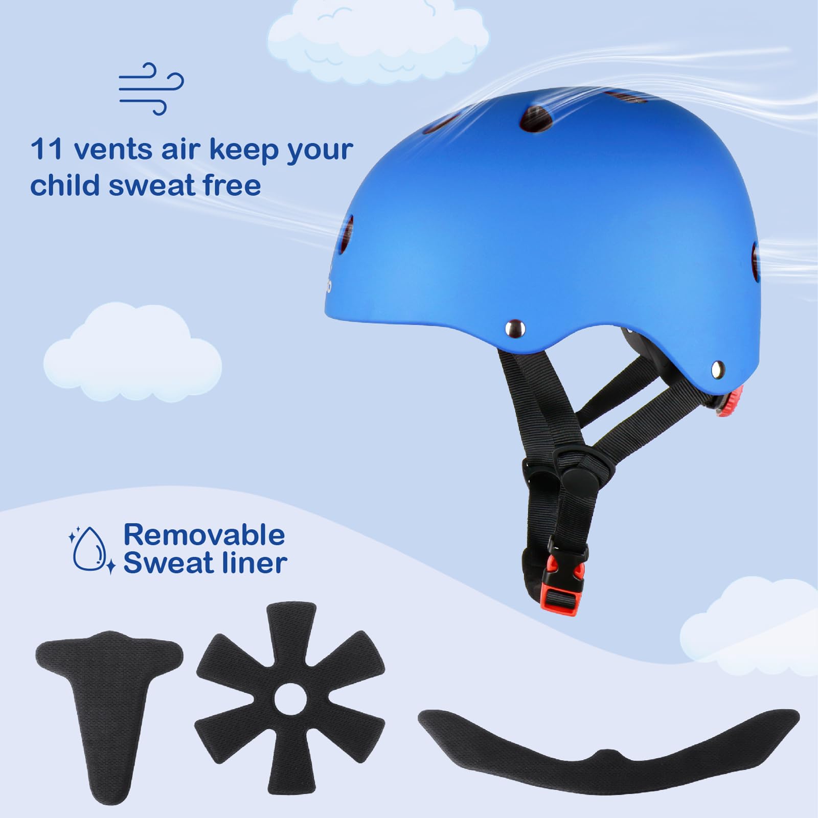 KAMUGO Kinderfahrradhelm, Helm für Kinder von 2 bis 8 Jahren, mit Sportschutzausrüstung, Kniepolstern, Ellenbogenpolstern und Handgelenkpolstern für Roller, Radfahren, Scooter(Blau) 4