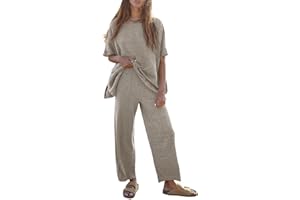 Tankaneo Women's 2 Piece Travel Outfits Casual Short Sleeve Knit Pullover Tops Wide Leg Pants Lounge Sets Tracksuit