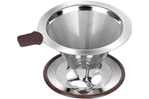 RealPero Pour Over Coffee Dripper, Reusable Paperless Coffee Filter,Professional Stainless Steel Drip Cone Brew Coffee Strainer,Upgraded Double Micro Mesh Filter with Cup Stand,1-2 Cup