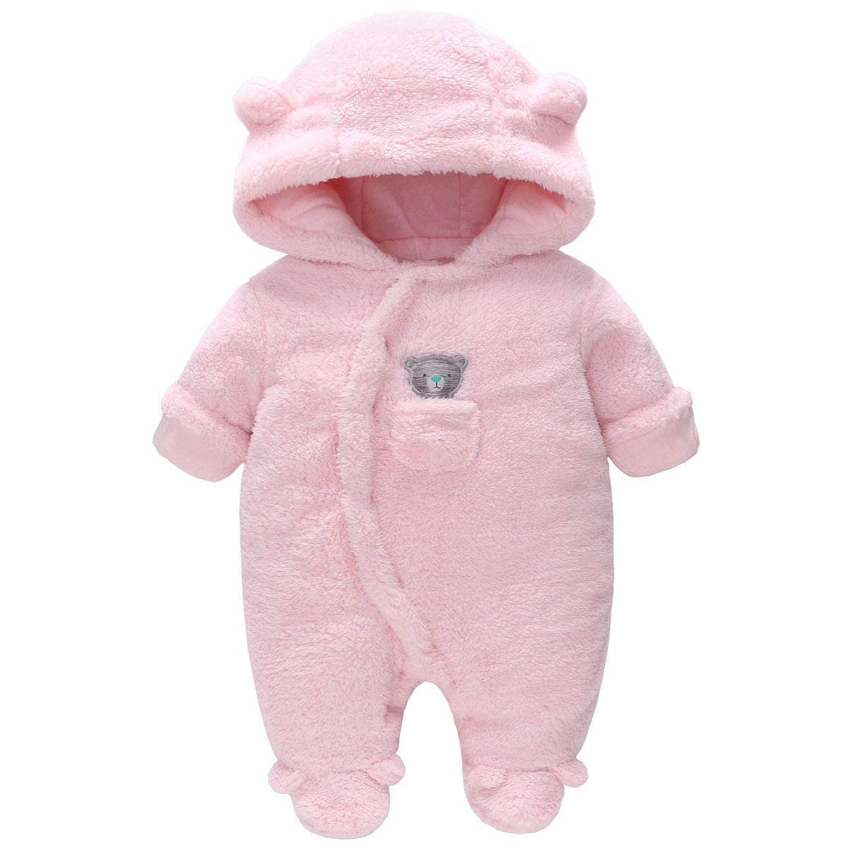 Baby Winter Snowsuit Baby Rompers, Boy and Girl One-Piece Suit with Hood, Toddler Outerwear Snowsuit Set Thick and Warm,Pink 0-3 Months