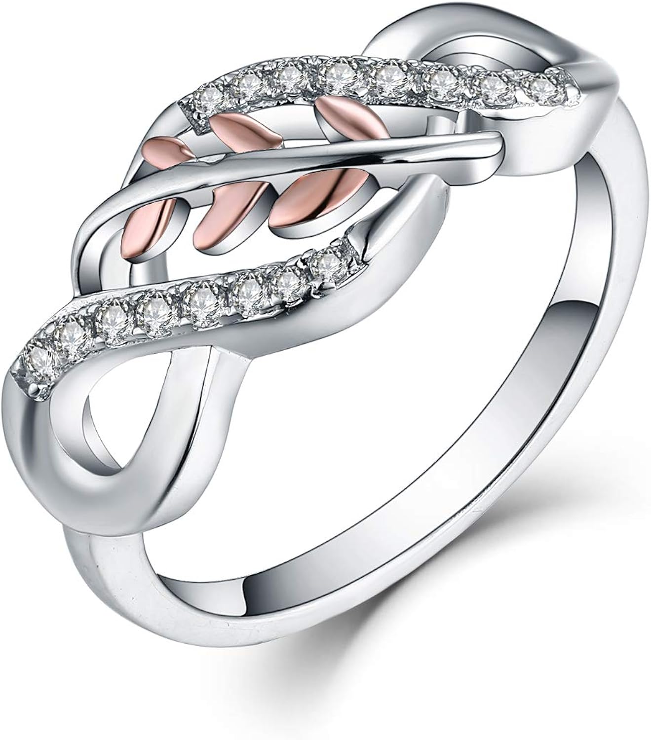 JO WISDOM 925 Sterling Silver Cubic Zirconia Rose Gold Leaf Infinity Knot Ring: Jewelry