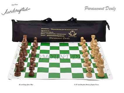 Paramount Dealz Professional Vinyl Chess Mat Set Fide Standards with 4 Weighted Wooden Pieces with Bag Included (Green, 20x 20)