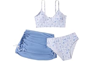 COZYEASE Girls' 3 Piece Set Floral Print Bikini Swimsuit with Drawstring Beach Skirt Cute Ruched Bathing Suit