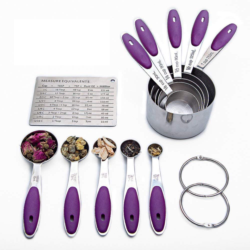 10PCS Heavy Duty Stainless Steel Measuring Spoons and Cups for Dry or Liquid, 5 Measuring Cups & 5 Measuring Spoons with 2 D-Rings and Colored Silicone Handles Tool&Utensils for Baking and Cooking