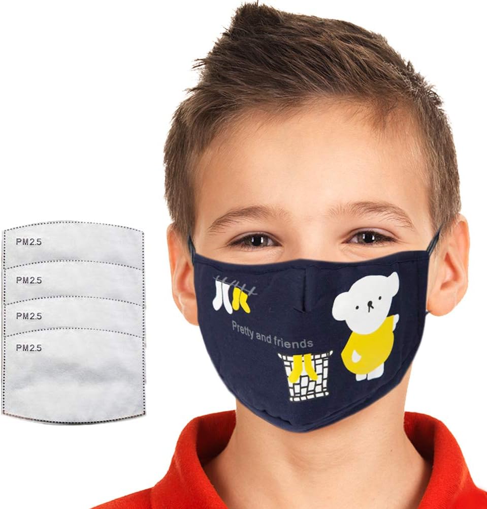 Face Mask, Reusable PM2.5 Children Cotton Dust Mouth Mask, Adjustable Ear Loop Dust Mask with 4 Activated Carbon Filters, Cotton Bear Face Mask Protection from Smog, Dust, Pollen(Navy)