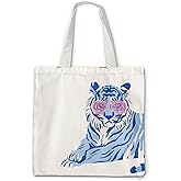 OTOUO Preppy Tiger Tote Bag - Blue and White Tiger Canvas Tote Bag, Trendy Tiger Gifts for Women, Preppy Tiger Reusable Foldable Tote Bag