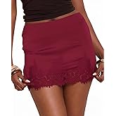 Women's Lace Trim Satin Mini Skirt Low Waisted Zip Back Half Silk Slip Bodycon Short Skirts with Lining