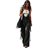 Women's Vintage Fringe Jumpsuit Faux Suede Cowgirl Romper Adjustable Straps Bell Bottom Cargo Overalls with Pockets
