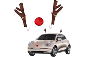 Ajxn 3 PCS Car Antler Decoration, Elk Antlers Cute Soft Fabric Christmas Ornaments with Jingle Bells, Red Nose Set Holiday Accessories, Universal for Most Car Decorations (Brown & Red)
