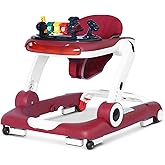 Music and Lights Baby Walker with Wheels, 6 in 1 Baby Activity Center w/Ergonomic backrest Design, Baby Walkers for Boys w/Foot Pads, Music Bouncer Walkers for Boys Girls Babies 6-18 Months, Red