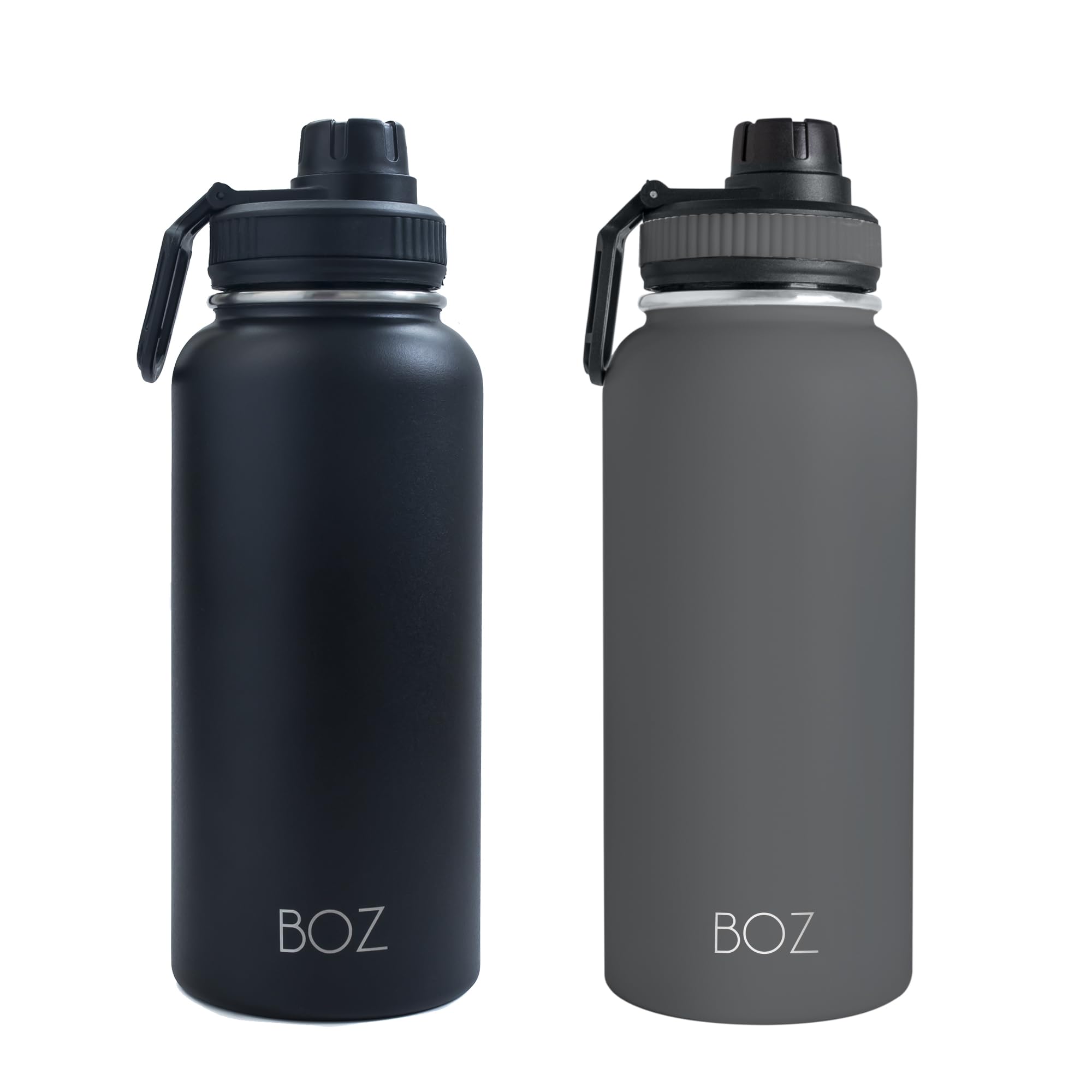 BOZ Stainless Steel Water Bottles 2 Pack Bundle - Grey + Black Insulated 1L Wide Mouth BPA Free Metal Bottles for Gym with Spout Lid — image 1