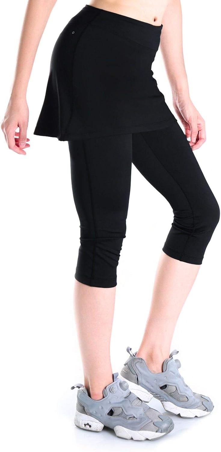 Yogipace Women's UV Protective Capri Leggings with Skirt, Running Skirted Capri, Active Skort with Golf Tennis Ball Pockets: Clothing