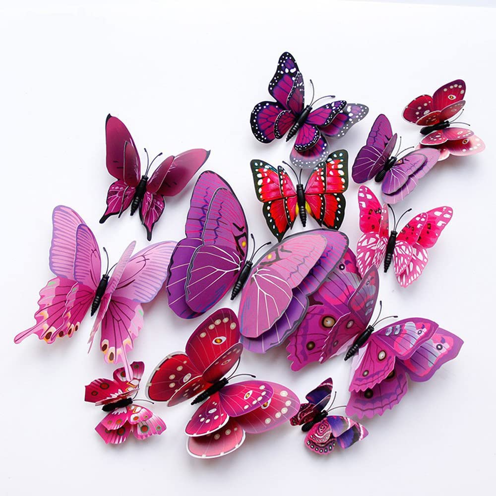 QGHSkOMk 12Pcs 3D butterfly wall decorations stickers Decor Wall Art Hanging Ornament Sculpture Garden Statues For Indoor Home Living Room Bedroom Outdoor backyard Porch Patio Fence (purple)