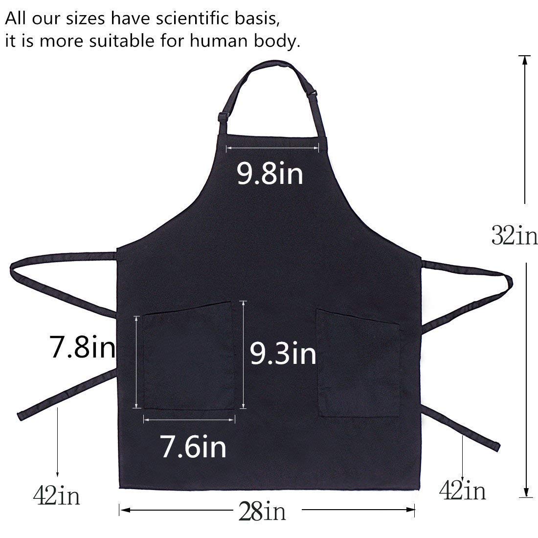 Adjustable 2 Pockets Durable Bib Apron - Black Extra Long Ties(32\