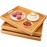 Geytetqi 3 Pack Large Bamboo Serving Tray with Handles - 16 x 11.6 Inch Wooden Dinner Tray, Home Kitchen Decorative Tray, Breakfast Trays for Eating on Couch, Lap Trays, Coffee, Kitchen, Picnic