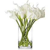 ENOVA FLORAL 20 Pieces Real Touch Lilies Artificial Flowers with Vase, Faux Calla Lily Flowers Arrangement with Faux Water in Glass Vase for Dining Table Decor, Wedding Centerpieces (White)