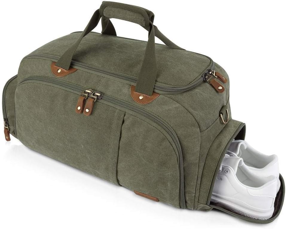Sports Gym Duffel Bag with Shoes Compartment, Canvas Travel Luggage Tote Shoulder Bag for Men & Women(Army Green)