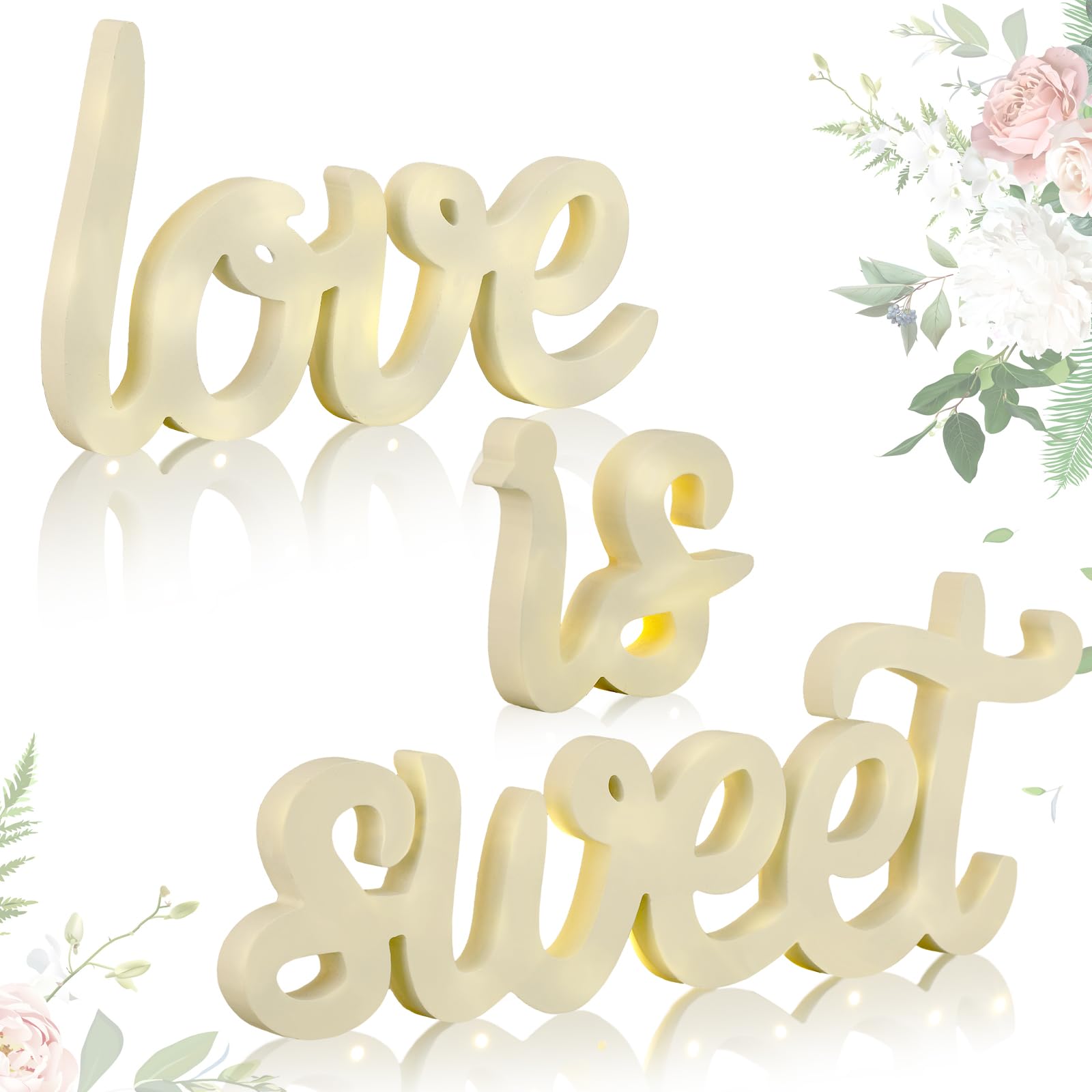 Photo 1 of Glooglitter 3 Pcs Love Is Sweet Table Decor Wooden Love Is Sweet Sign LED Hollow Sign for Dessert Freestanding Letter Shelf Rustic Wedding Bridal Shower Engagement Bachelorette Party Decor(Beige)