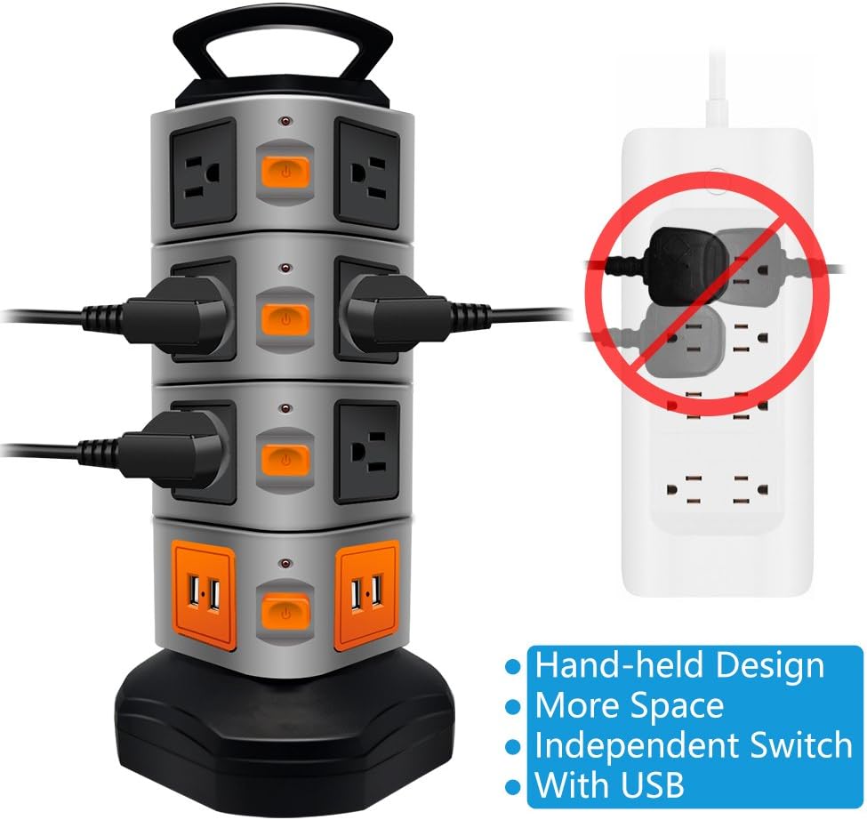 Power Strip Tower, Lovin Product Surge Protector Electric Charging Station, 14 Outlet Plugs with 4 USB Slot 6 feet Cord Wire Extension Universal Charging Station (1-PACK) - - 