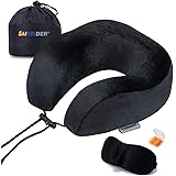 SAIREIDER Travel Neck Pillow for Airplane Sleeping 100% Memory Foam Adjustable Travel Pillows with Storage Bag, Sleep Mask an