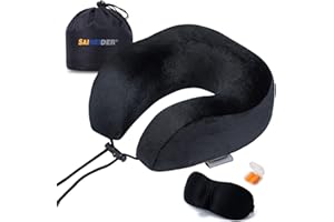 SAIREIDER Neck Pillows for Travel 100% Memory Foam Adjustable Travel Pillows with Storage Bag, Sleep Mask and Earplugs-Prevent The Heads from Falling Forward (Black)