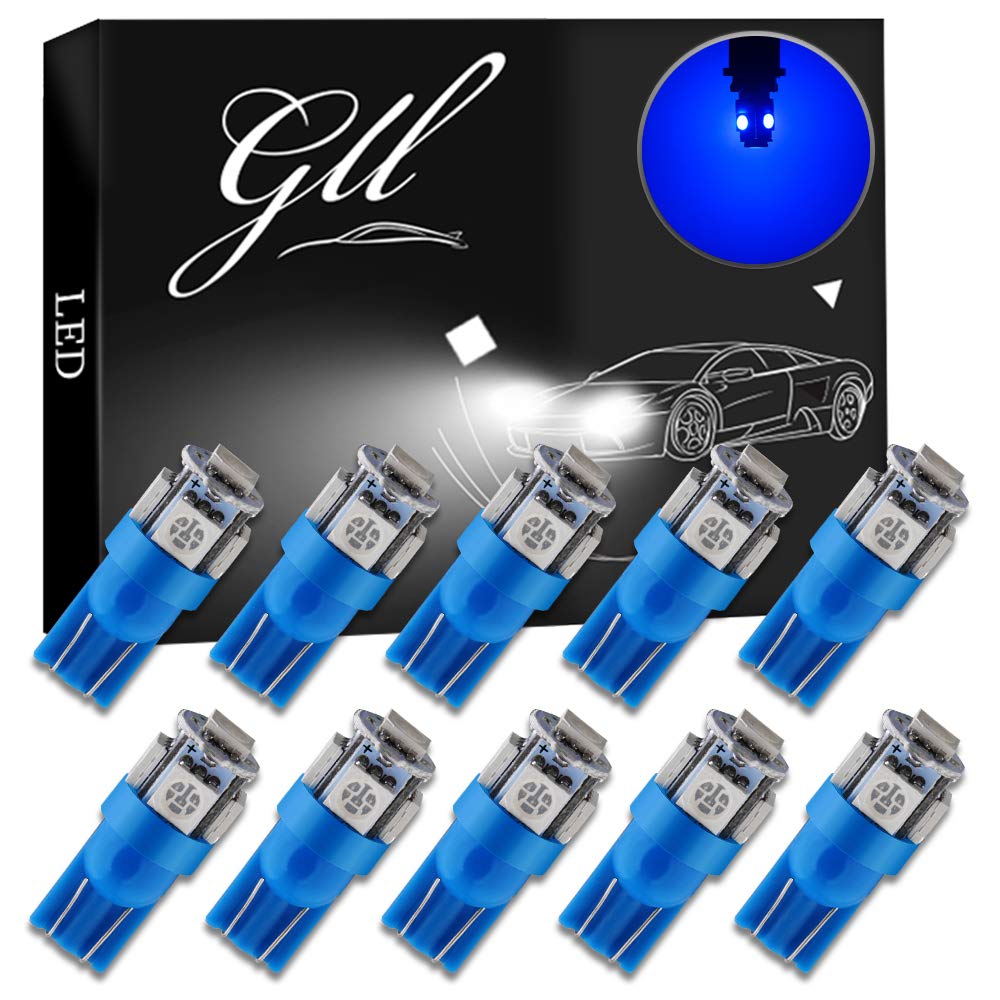 GLL 10-Pack T10 501 LED Bulbs W5W 194 168 Blue 5-SMD 5050 LED Car Interior,Dashboard,Number Plate,Sidelights Boot Light Bulbs (12 V)