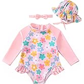 Renotemy Baby Girls Swimsuit Summer Infant Girl Bathing Suit Zipper Long Sleeve One-Piece Rash Guard Swimwear with Hat 3M-3Y