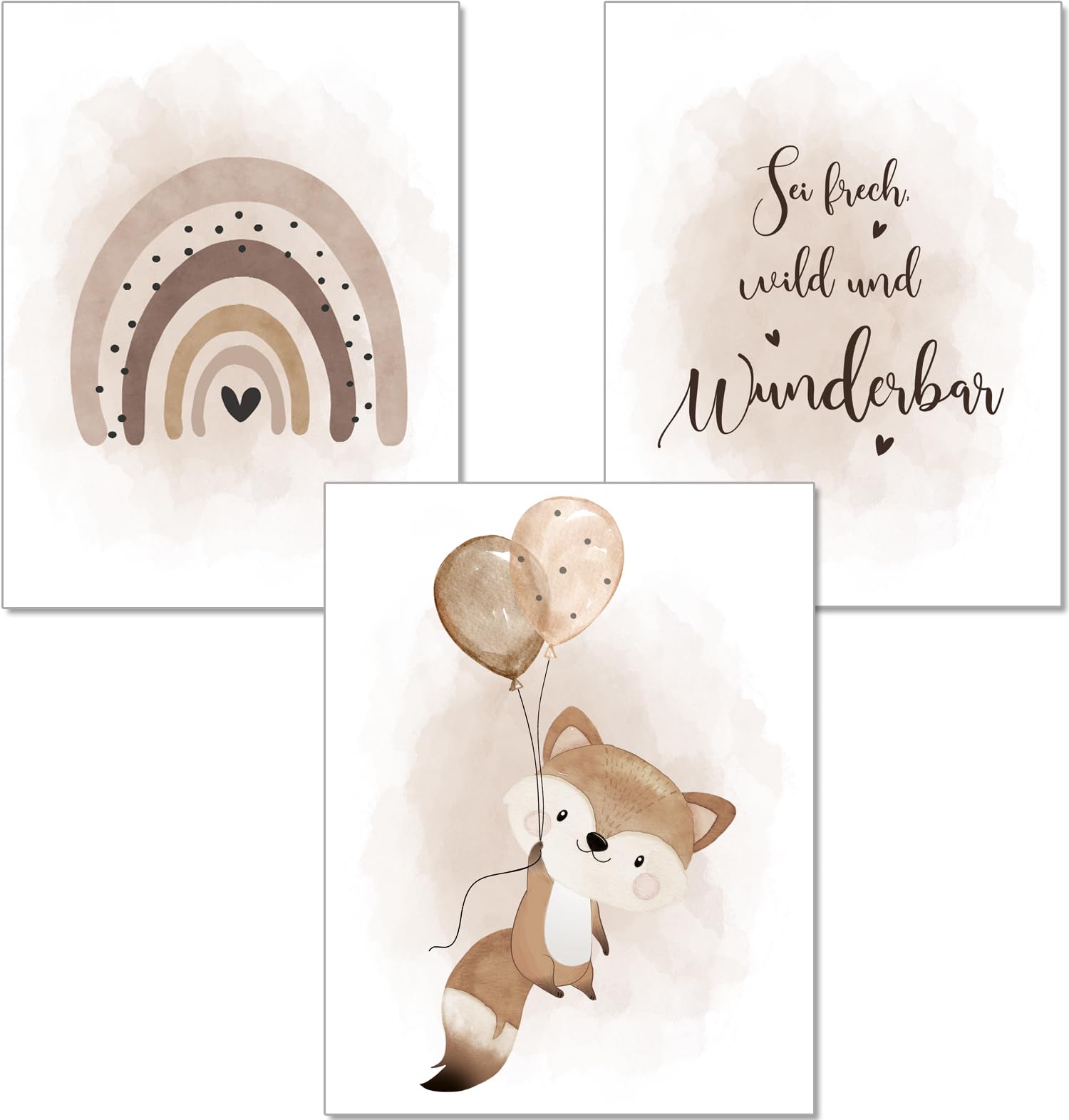 artpin® Poster Children's Room Decoration - Set of 3 Pictures Baby Room Sand Beige for Boys Girls A4 Fox Animal Poster Balloon Beige (K4) — image 1