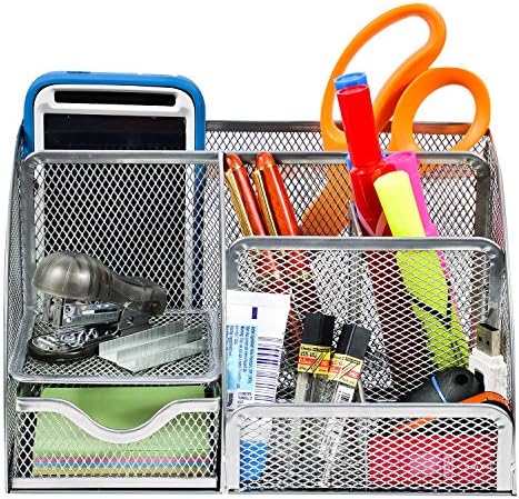 CoFads Desk Organizer Wire Mesh 6 Compartment Office Supplies Caddy With Additional Drawer, - Bonus Pack Of 100 Sticky Notes Included, Color Silver.