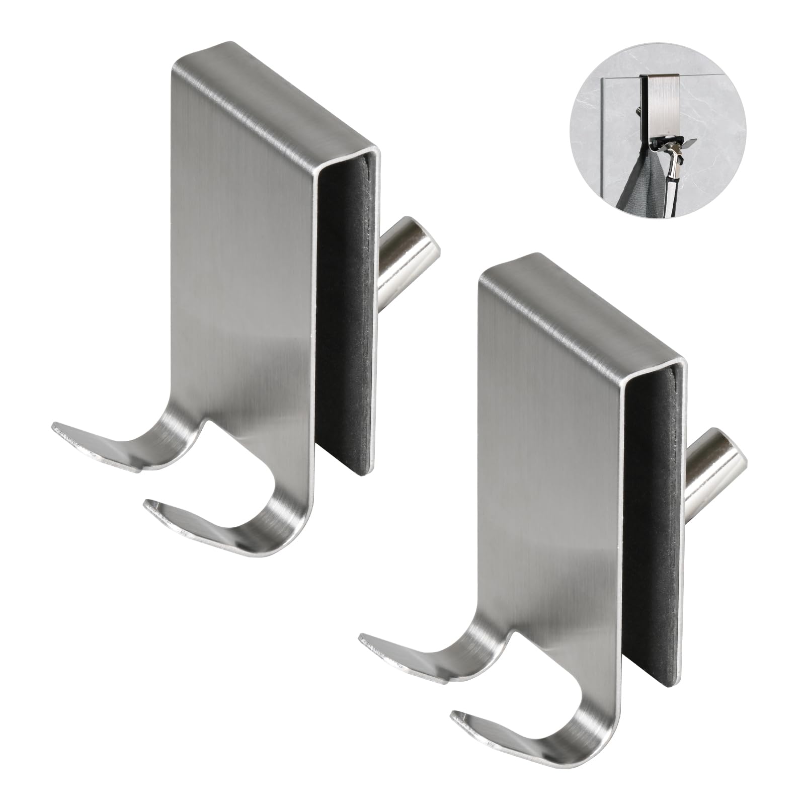 YoHyien 2 Pcs Shower Glass Door Hooks, Double Sided Shower Towel Hooks with EVA Pad, Stainless Steel Over Shower Door Hooks for Bathroom 0.2-0.4 in Thick Frameless Glass Shower Door (Silver)