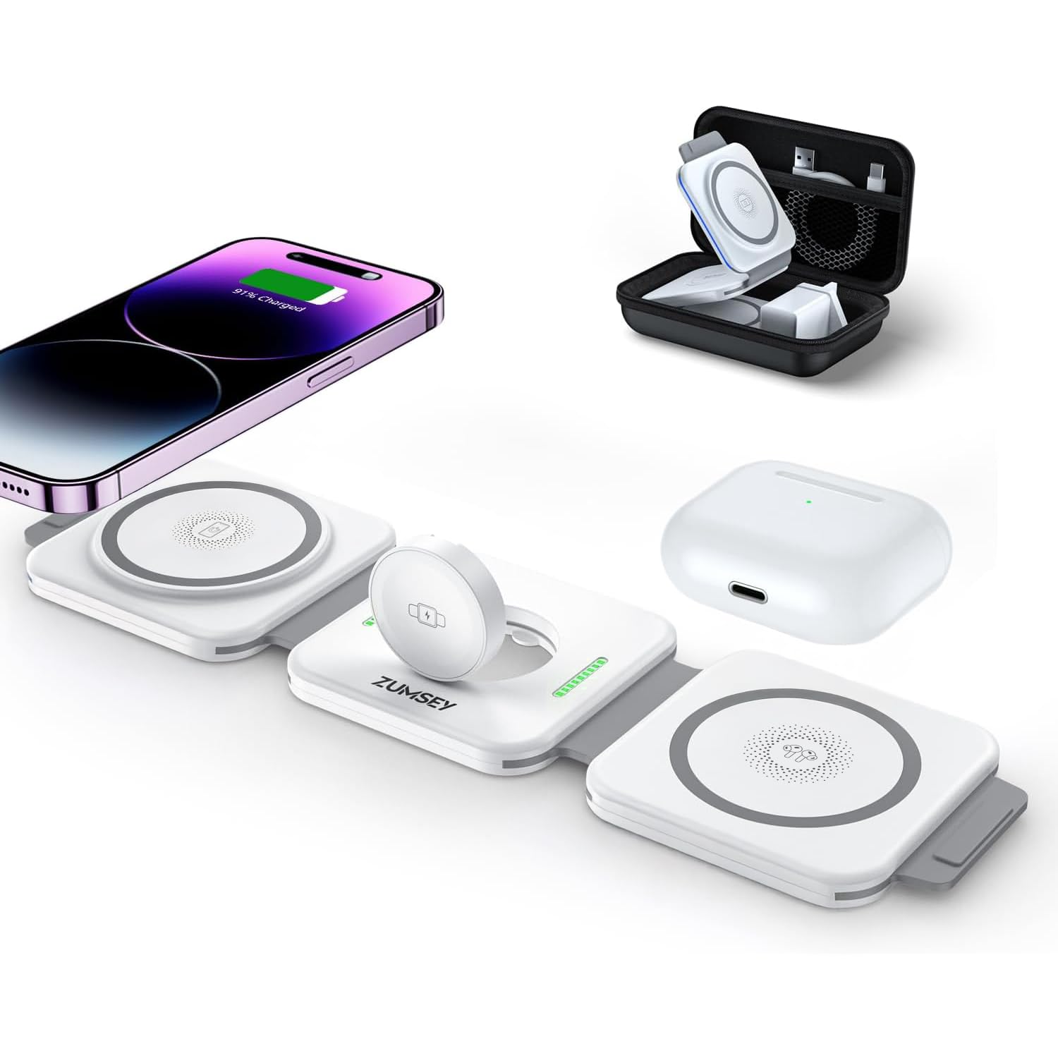 ZUMSEY 3 in 1 Wireless Charging Station for Apple, Foldable Wireless Charger for iPhone 17 Pro Max/16/15/14/13/12, Travel Charger for Apple Watch Ultra 3/11/10/9/Ultra 2/Ultra/AirPods Pro 3/4/3/2