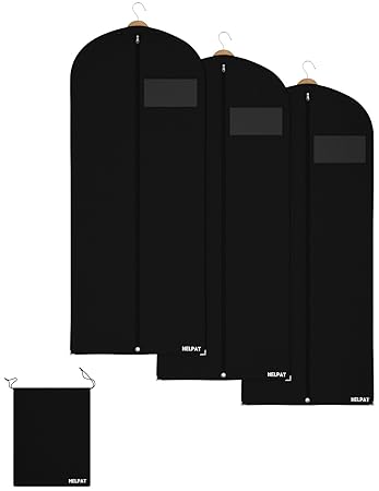 HELPAT 3X Kleidersack inkl. Schuhbeutel | 150 x 60 cm | schwarz | Hochwertiger Anzugsack | Atmungsaktive Kleiderhülle