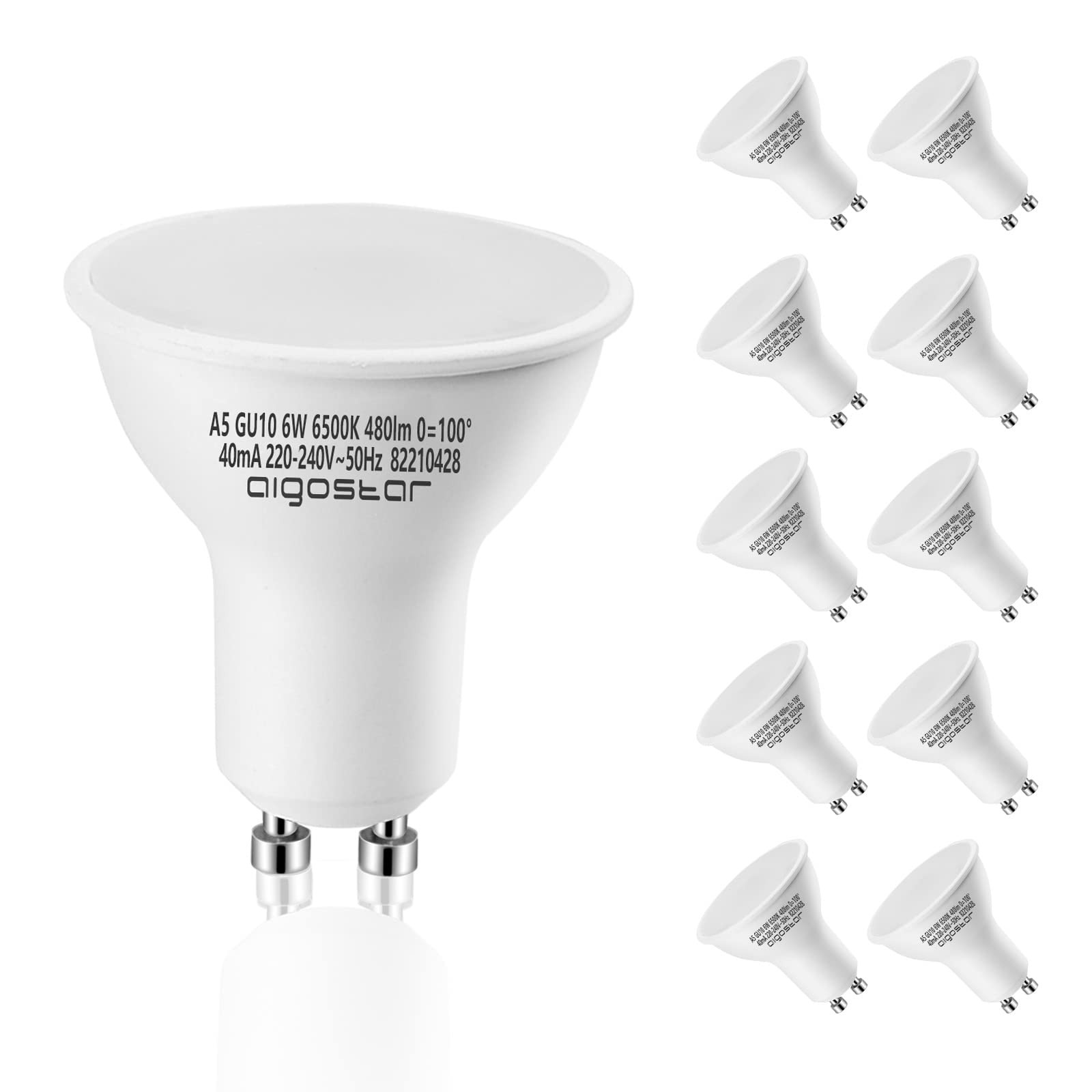 Aigostar GU10 LED Bulbs 6W, Warm White 3000K 480LM, 10 Pcs/Box, 68W Incandescent Bulb Equivalent 100 Beam Angle, Non-dimmable,Flicker Free