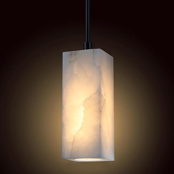 RAINLIGHTING 1 LIGHT MODERN INDUSTRIAL FARMHOUSE HANGING KITCHEN ISLAND PENDANT CEILING LIGHT FIXTURE,SQUARE NATURAL ALABASTER MARBLE BLACK FINISH OVER SINK RESTAURANT BAR CORRIDOR