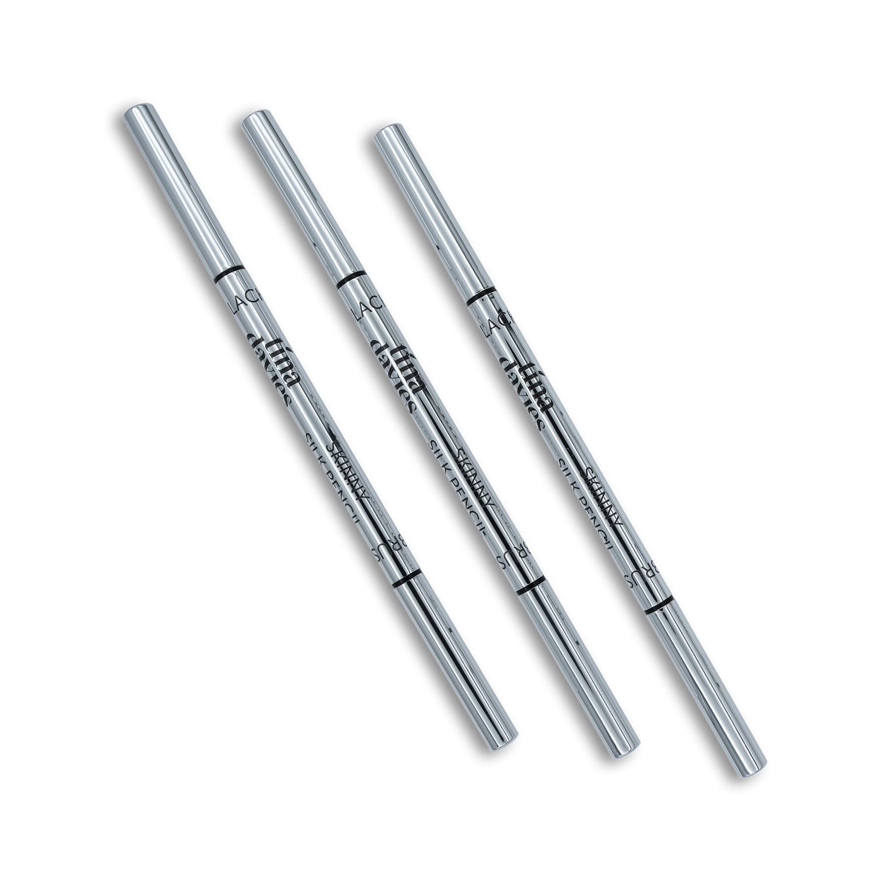 Tina Davies Skinny Silk Pencil, Pre-Draw Eyebrow Color for Microblading, Retractable Tip with Spoolie, Smooth Micro Brow – Black, 3 Pack