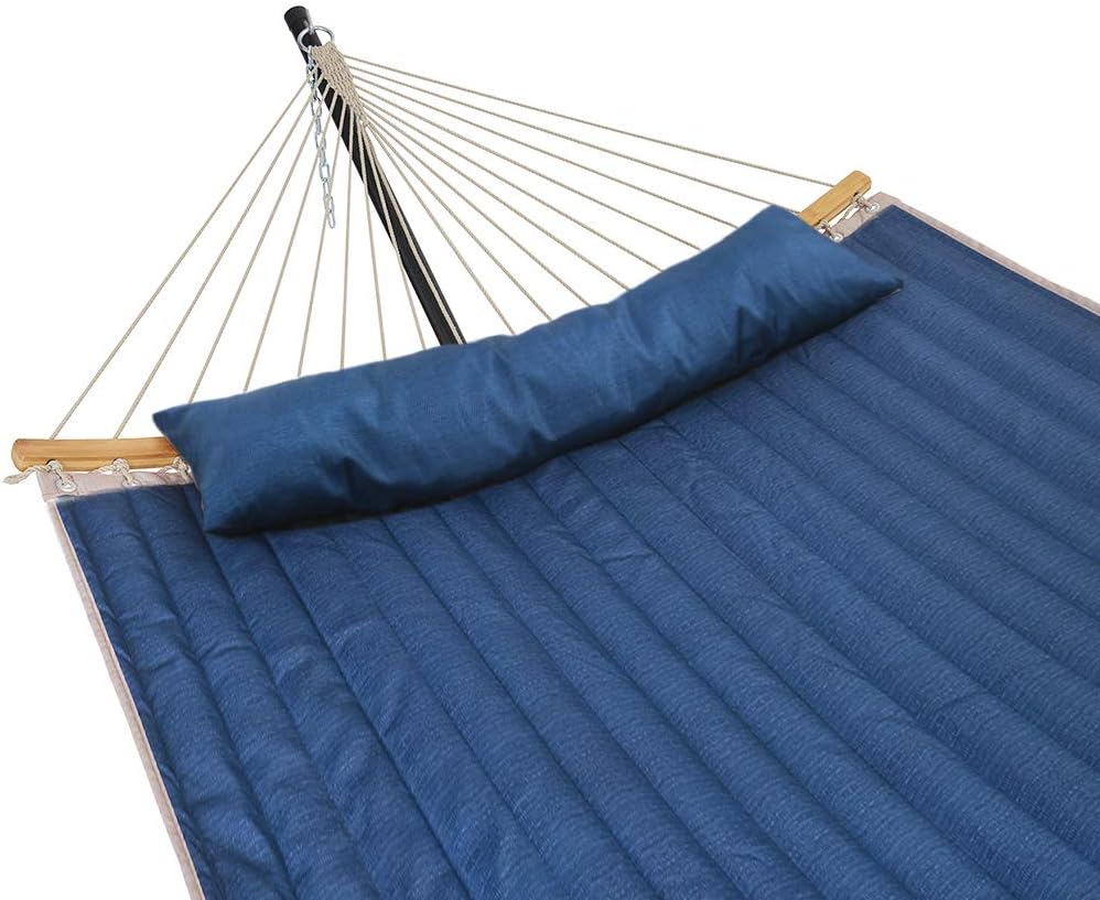 Patio Watcher 11 Feet Quilted Fabric Hammock with Curved-Bar Bamboo and Detachable Pillow, Double Hammock Perfect for Patio Yard Dark Blue : Garden & Outdoor