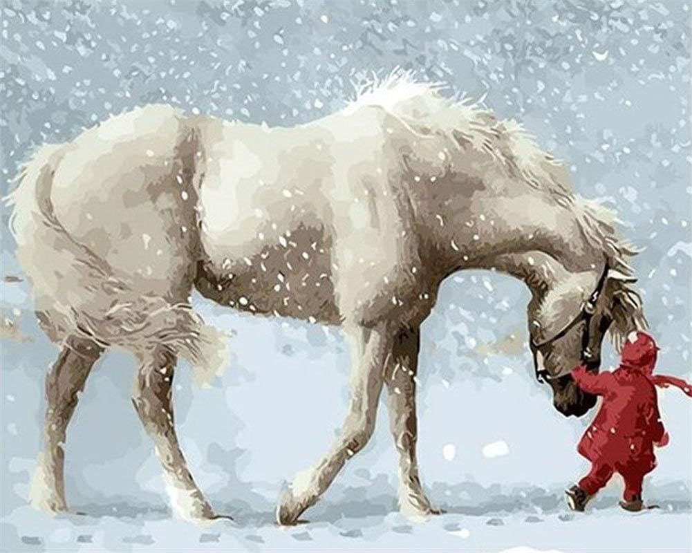Embroidery Cross-Stitch Art Paint by Number Kits for Adults Kids - Little Girl Holding The Horse in The Snowstorm 16x20 inch Linen Canvas (Without Frame)