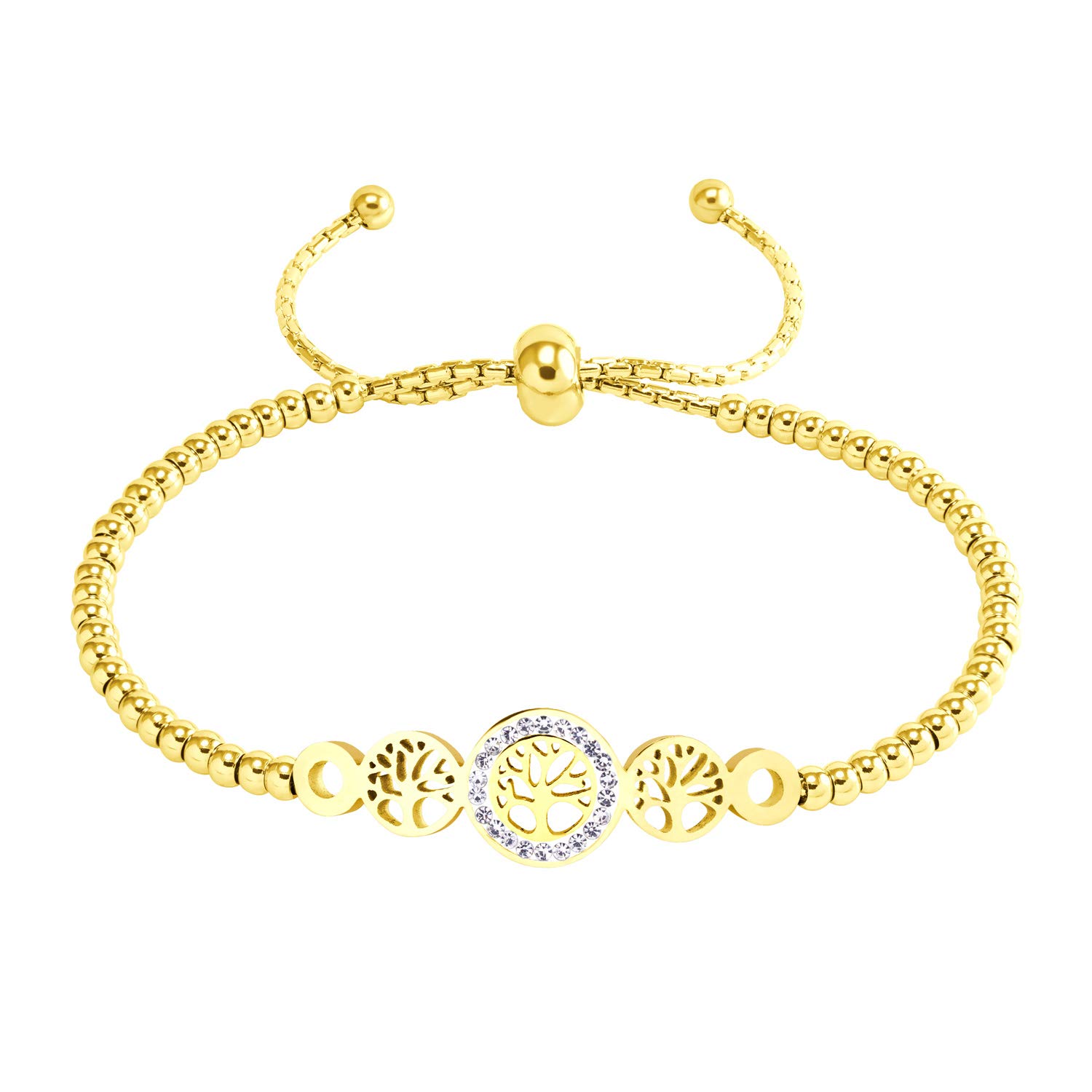 555Jewelry Stainless Steel Tree of Life Bracelet, Adjustable Slider Cuff Bangle Beaded Ball Chain Bolo Bracelets for Women, Cubic Zirconia Bracelets for Women, Gold