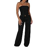 LovelyWholesale Womens 2 Piece Outfits Summer Sexy Textured Tube Top and High Waist Wide Leg Pants Matching Set