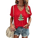 Christmas Graphic V Neck Shirt for Women Casual Holiday Short Sleeve Tee Xmas Funny Printed Winter Tshirt Tops