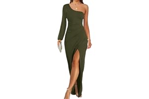 ZESICA Women's One Shoulder Long Sleeve Cocktail Dress Sexy High Slit Ruched Bodycon Wedding Guest Maxi Dresses