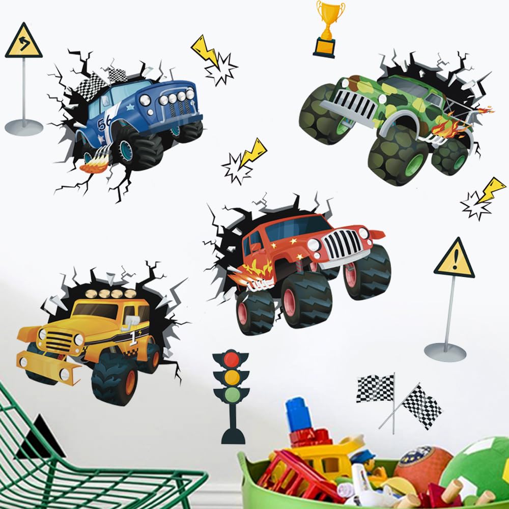 Runtoo Racing Car Wall Stickers 3D Truck Vehicles Wall Decal Boys Kids Bedroom Nursery Classroom Playroom Home Decor Gift