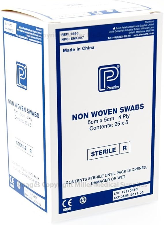 Premier Absorbent NonWoven Sterile Swab, 4 Ply, 5 x 5 cm, 5 per Pouch
