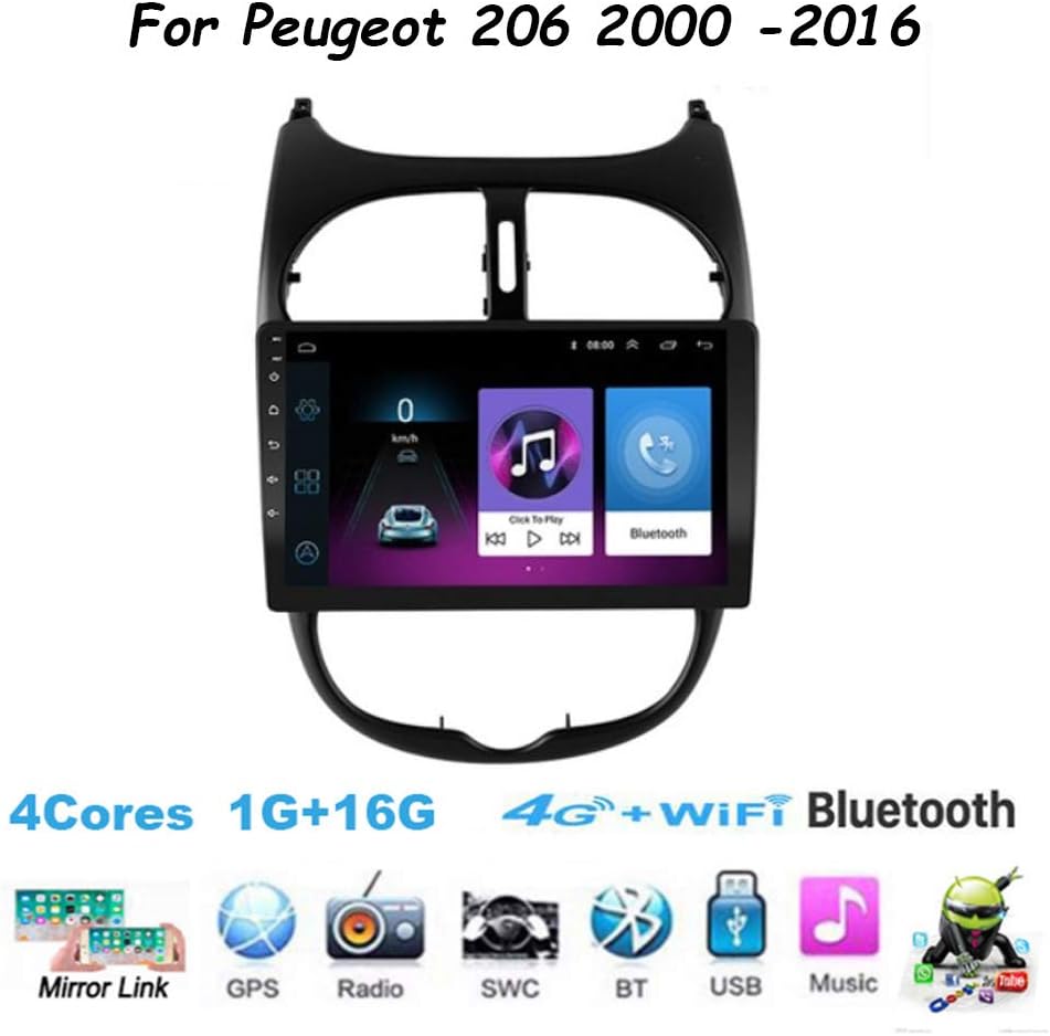 TypeBuilt Car Radio Tuner Stereo 9 Inch Hdtouch Screen Player GPS Navigation for Peugeot 206 2000-2016 Supports Screen Mirroring Mirror Link OBD2 Steering Wheel Control
