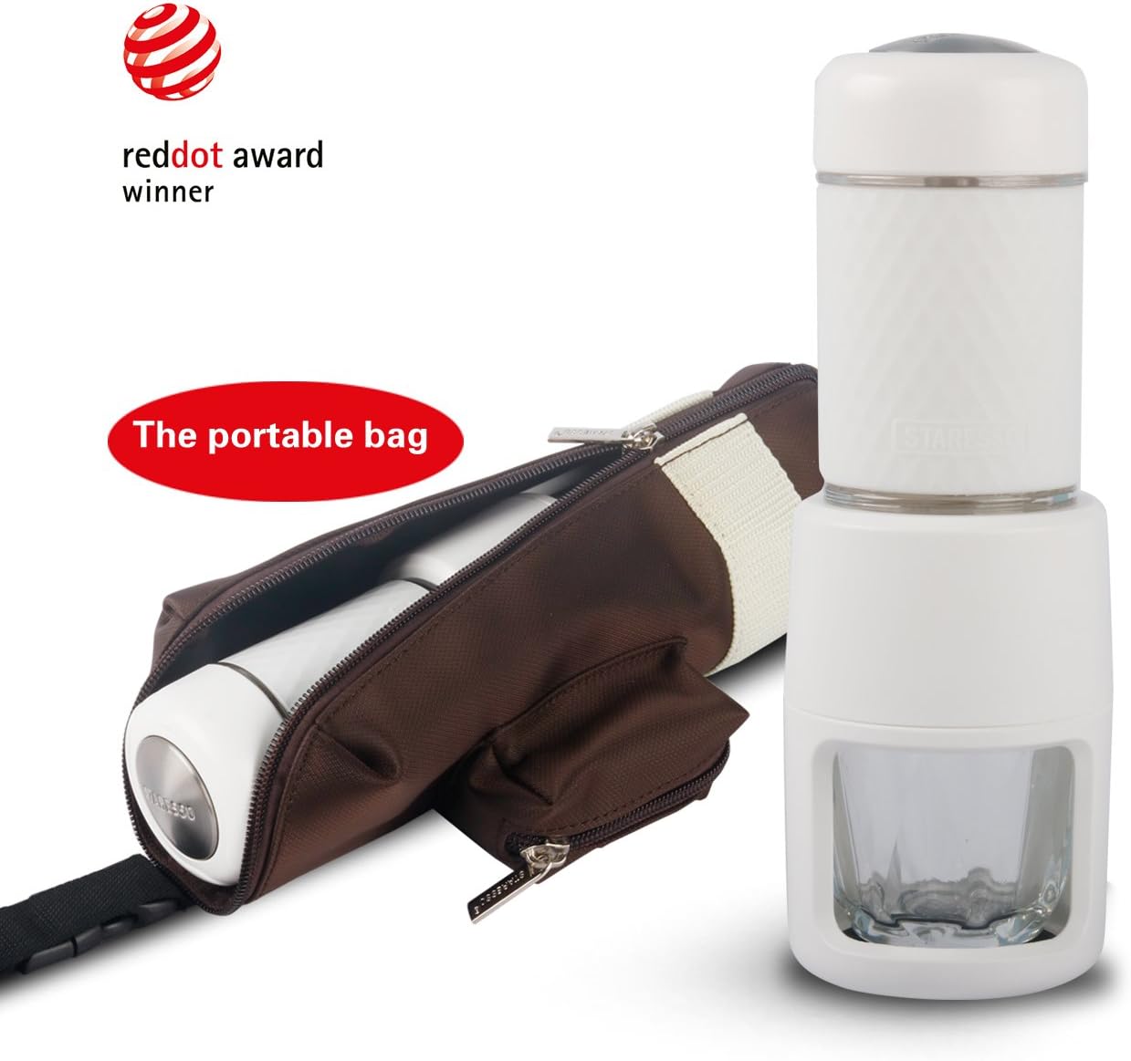 Staresso Manual Coffee Maker Machines with Espresso Cappuccino Quick Cold Brew All in One Travel (White+Storage Bag)