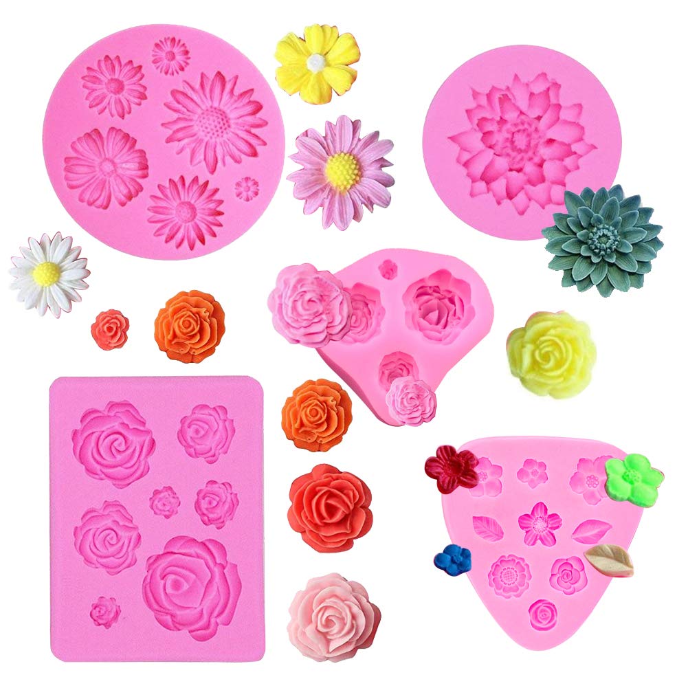 5 PCS Flower Silicone Mould Chocolate Rose Fondant Moulds Cute 3D Flowers Icing Cake Silicone Daisy Mould for Wax Melts Cake Decorating Baking Soap Candy Jelly Sugarcraft