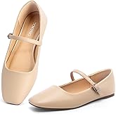 Lookyno Nude US 6 Womens Ballet Mary Jane Flats Shoes Adjustable Strap Square Closed Toe Chic Footwear