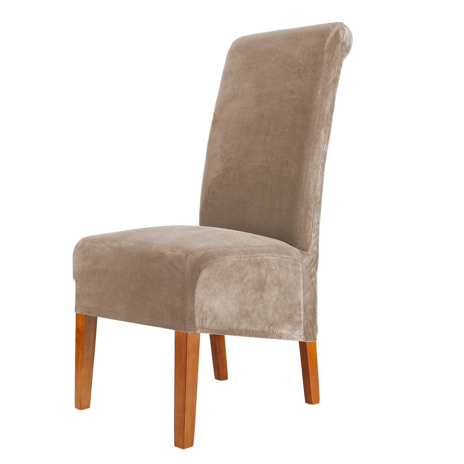 CMAKER Velvet Dining Chair Covers, Stretch Large Chair Slipcovers, Spandex High Back Chairs Cover Elastic Washable Removable XL Chair Protector,Set of 2,Camel