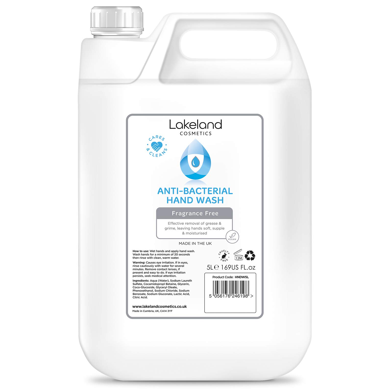 Lakeland Cosmetics antibacterial soap hand wash - 1x 5L Litre refill bottle - Vegan anti-bacterial liquid soap hand wash, made in UK (1x 5 Litre)